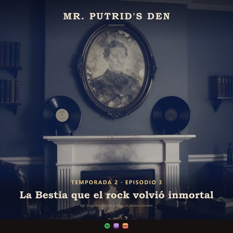 Portada del Expediente 03 de Mr. Putrid's Den: un retrato ovalado ilegible sobre una chimenea encendida, dos discos de vinilo a los lados.